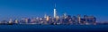 Panoramic twilight view of Lower Manhattan from New York City Harbor Royalty Free Stock Photo