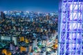 Panoramic urban city skyline aerial view under twilight sky and neon night in tokyo, Japan