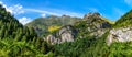 Panoramic valley landscape with high mountains and forest in Ordesa, Pyrenees. Rest, leisure and beauty. Spain Royalty Free Stock Photo