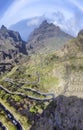 Panoramic vertical aerial view of windy mountain road in summer