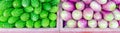 Panoramic vibrant green bitter melon and purple Asian eggplants at vegetable stand in Little India, Singapore Royalty Free Stock Photo