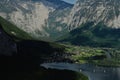 Panoramic view from above of scenic landscape over Austrian alps lake in Hallstatt, Austria Royalty Free Stock Photo