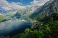 Panoramic view from above of scenic landscape over Austrian alps lake in Hallstatt, Austria Royalty Free Stock Photo