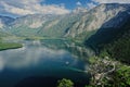 Panoramic view from above of scenic landscape over Austrian alps lake in Hallstatt, Austria Royalty Free Stock Photo