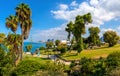 Panoramic view of Abrasha Park within Old City of Jaffa historic quarter with metropolitan Tel Aviv, Israel city center and Royalty Free Stock Photo