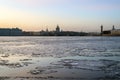 Panoramic view across the Neva river to the Palace bridge and St. Isaac`s Cathedral Royalty Free Stock Photo