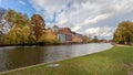 Panoramic view across the River Avon to the Royal Shakespeare Company RSC theatre in Stratford upon Avon, Warwick shire, UK Royalty Free Stock Photo