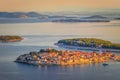 Panoramic view of Adriatic coast with The Primosten town at the Royalty Free Stock Photo