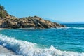 Panoramic view of Aegean sea at Chalkidiki, Greece. Proti Ammoudia beach, one of the most beautiful beaches in the Aegean Sea. Royalty Free Stock Photo