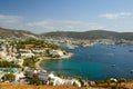 Panoramic View of Aegean sea, traditional white houses marina and Bodrum Castle in Bodrum city of Turkey. Royalty Free Stock Photo