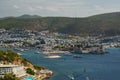 Panoramic View of Aegean sea, traditional white houses marina and Bodrum Castle in Bodrum city of Turkey. Royalty Free Stock Photo