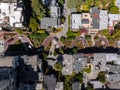 Panoramic view of aerial Lombard Street, an east west street in San Francisco, California. Royalty Free Stock Photo