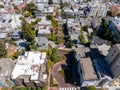 Panoramic view of aerial Lombard Street, an east west street in San Francisco, California. Royalty Free Stock Photo
