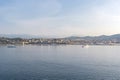 Panoramic view, aerial skyline of city Cannes, Mediterranean Sea with yachts, coastline, port morning at dawn in Cannes, Cote d`