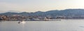 Panoramic view, aerial skyline of city Cannes, Mediterranean Sea with yachts, coastline, port morning at dawn in Cannes, Cote d`