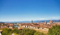 Panoramic view, aerial skyline of Florence Firenze Cathedral of Santa Maria del Fiore, Ponte Vecchio bridge over Arno River, Royalty Free Stock Photo