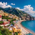 Panoramic view, aerial skyline of small haven of Amalfi village with tiny beach and colorful houses, located on rock,