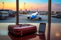 Panoramic view of an airport from the window with travel essentials phone, case, and airplane