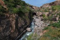 Panoramic view of Aksu River canyon in Kazakhstan in spring