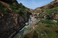 Panoramic view of Aksu River canyon in Kazakhstan in spring