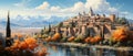 Panoramic view of Alhambra in Granada, Spain. Digital oil color painting illustration