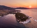 Panoramic view of Aliki gulf and yacht harbour and the ancient marble port and quarry visible to the right