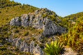 Alpes rocky coastline with Avenue Bella Vista route on Azure Cost of Mediterranean Sea seen from historic Eze town in France