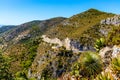 Alpes rocky coastline with Avenue Bella Vista route on Azure Cost of Mediterranean Sea seen from Eze town in France