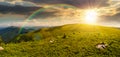 panoramic view of alpine meadows on the mountain top at sunset Royalty Free Stock Photo