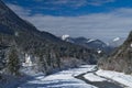 Panoramic view of the alpine village of Bagni di Lusnizza and the Fella River Royalty Free Stock Photo