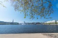 Panoramic view of the Alster river Binnenalster and historic buildings in the city centre of Hamburg, Germany