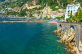 Panoramic view of Amalfi,beach and harbor,Italy,Europe