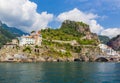 Panoramic view of Amalfi Mediterranean coast, small town with multicolor houses in south of Italy, Gulf of Salerno, Campania Royalty Free Stock Photo