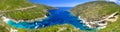 Panoramic view on amazing bay, boats and ships with swimming people in Ionian Sea blue water near to Blue Caves. Zakynthos island