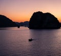 Panoramic view on amazing sunset at Ha Long Bay. South China Sea, Vietnam, Asia Royalty Free Stock Photo