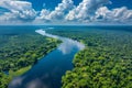 Panoramic view of the amazon rainforest and river, with white clouds in the sky, captured Royalty Free Stock Photo