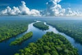 Panoramic view of the amazon rainforest and river, with white clouds in the sky, captured Royalty Free Stock Photo