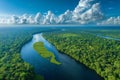 Panoramic view of the amazon rainforest and river, with white clouds in the sky, captured Royalty Free Stock Photo