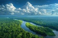 Panoramic view of the amazon rainforest and river, with white clouds in the sky, captured Royalty Free Stock Photo