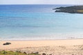 Panoramic View of Anakena Beach with White Coral Sand and Glittering Pacific Ocean, Easter Island, Chile Royalty Free Stock Photo