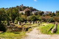 Panoramic view of ancient Athenian Agora archeological area with National Observatory building atop Nymphon Hill in Thiseio Royalty Free Stock Photo