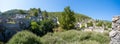 Panoramic view of ancient Greek house ruins in the ghost town of Kayakoy.