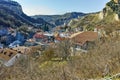 Panoramic view of ancient Melnik town and The sand pyramids, Bulgaria Royalty Free Stock Photo
