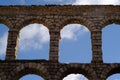 Panoramic view ancient Roman aqueduct on Plaza del Azoguejo with the sky on the background