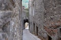 Panoramic view of ancient very narrow medieval street in Sisteron city, Alpes de Haute Provence
