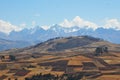 Panoramic view of the Andes mountain range with few snowfalls in the town of Chincheros in Cuzco Peru