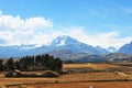 Panoramic view of the Andes mountain range with few snowfalls in the town of Chincheros in Cuzco Peru