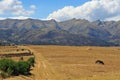 Panoramic view of the Andes mountain range and planted fields in the town of Chincheros in Cuzco Peru