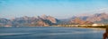 Panoramic view of Antalya Konyaalti coast and cargo port at sunrise in the morning Royalty Free Stock Photo