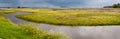 Panoramic view of an approaching storm on a marsh on the Gulf Coast